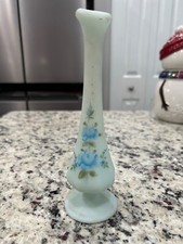Vintage Fenton Satin Light Blue Hand Painted Bud Vase signed D Anderson 7” picture