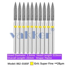 10pc Dental 862-016SF Super Fine Grit Diamond Burs Friction Grip Flame Shape picture