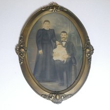 Antique Portrait Couple & Baby Oval Ornate Wooden Frame Gold Victorian picture