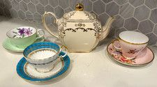 Vintage English Tea Set: Gold Floral Sadler Teapot Royal Grafton Aynsley 3 Cups picture