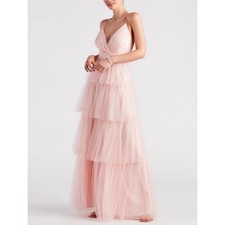 Lulus Molinetto Blush Pink Tulle Tiered Sleeveless Maxi Dress L Prom Gown NEW picture