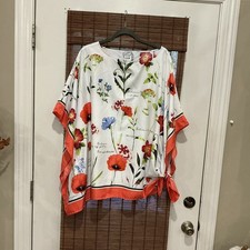 Chico's Women's Blouse L/XL Satin Floral White Round Neck Pullover Tie Accent picture