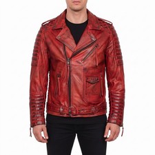 Men's Quilted Style Distressed Red Biker Real Leather Jacket picture