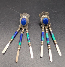 Vintage Southwestern Quoc Turquoise Inc Sterling Silver Azurite Drop Earrings picture