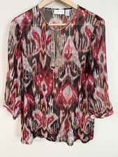 CHICOS Red/Brown Sheer Split Neck Beaded Tunic Blouse 3/4 Sleeve S(0) NWT Boho picture