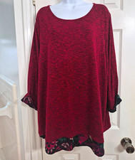 Catherines Women's Red Floral Scoop Neck Long Sleeve Stretch Knit Tunic 2X picture