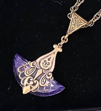 Vintage Necklace Art Nouveau Pendant Antique Lavender Czech Glass Rhinestone picture