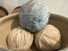 3 Old Antique Handmade Rag Balls Textile White / Blue picture