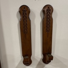 Vintage Pair Of Wood Sconces / Candle Holders, Etched Wheat Grain Design, 1970’s picture