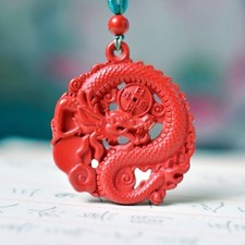 Chinese Natural Red Cinnabar Hand-carved Exquisite Dragon Necklace Pendant 1477 picture
