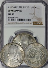 Egypt AH1348 / 1929 King Fuad 10 Piastres NGC MS-63. Luster picture