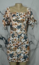 SHEIN Beige Multicolor Floral Print Dress Small 4 Off The Shoulder Tied Sleeves picture