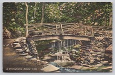 Vintage RHODODENDRON BRIDGE Cresson PA Linen Postcard Curt Teich 1942 Waterfall picture