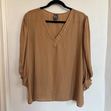 Worthington Womens PXXL Camel V-Neck Blouse Ruffle Sleeve Career Top NWT picture