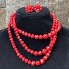 Vintage 1940s 50s Hong Kong Red Bead Triple Strand Necklace Clip Earrings Set picture