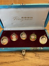 VTG Chinese Asian Cloisonné Enamel Portrait Pendants Set 5 In Velvet Box picture
