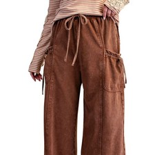 Easel Women's Mineral Washed Terry Knit Wide Leg Cargo Pants, Coffee picture