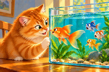 Original Hand Painted Cat & Goldfish Funny Wall Art 24x16 Canvas Painting picture