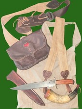 18th Century Style Hunting Bag, Powder Horn, and Long Knife with Haversack picture