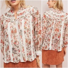 Anthropologie Size 6 Feather Bone Elena Floral Lace Trim Boho Peasant Blouse Top picture