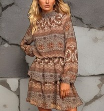New Lulus Meadow Path Rust Red Multi Print Long Sleeve Tiered Mini Dress Small picture