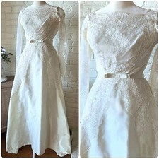 Vtg 50s 60s Lace Wedding Gown With Bow Detail, Beaded, Buttons, Bustle, 0/2 picture