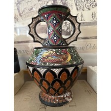 Vintage Saca Sgraffito majolica Pottery Vase w/handles birds Italy 12” unique picture
