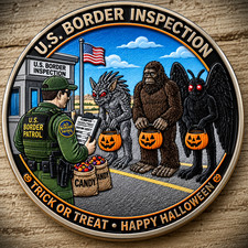 U.S. Border Inspection Trick or Treat Halloween Challenge Coin, Bigfoot Mothman picture