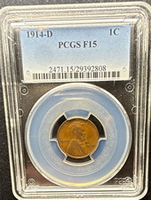 1914-D Lincoln Wheat Small Cent 1C PCGS F15 Brown Business Strike picture