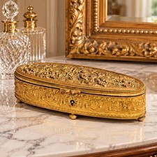 Small Antique French Jewelry Casket Box Gilt Metal Pastoral Relief Trinket Box  picture