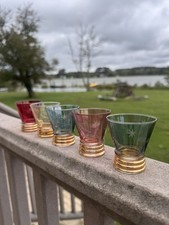 Vintage MCM Atomic Starburst Shot Glasses Set of 5 Multicolor Gold Bands Barware picture