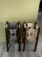Vintage Handmade wooden and macrame plant stands featuring a woven owl pattern  picture