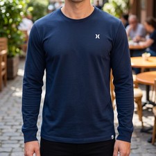 Hurley Mens Long Sleeve Crew Neck T-Shirt Navy Blue Embroidered Logo Cotton picture