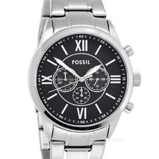 FOSSIL Flynn Mens Chronograph Watch Large Black Dial Silver Stainless Steel Band picture