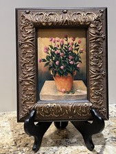 Signed European Pink Globe Amaranth Flowers Terracotta Pot Oleograph Framed Art picture