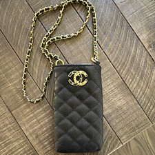 CHANEL Black Quilted Crossbody Phone Holder Bag with Gold Chain Strap picture