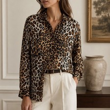 Lasoie Button Down Shirt Leopard 100% Silk S Safari Long Sleeve Blouse Vintage picture