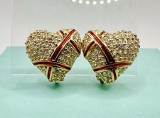 VTG GARNAY Signed Crystal Red Gold tone Gift Heart Shape Clip Earrings Read picture