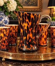 Vintage Murano Style Hand Blown Tortoiseshell Leopard Art Glass 7 Pc Set picture
