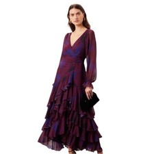 $398 Hutch Kya Wrap Dress Long Sleeve in Purple Floral Chiffon Size Small picture