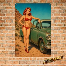Red Bikini Pinup Girl Tin Sign Retro Redhead Woman Metal Wall Plaque picture