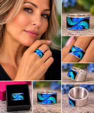 925 Sterling Silver Minankari Enamel Ring Blue Black Handmade Georgia Size 10 picture