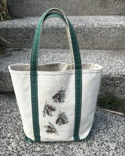 VTG 80s LL Bean Boat & Tote Bag USA Canvas Green Pine Cones Tree Oak Medium picture