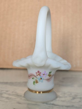 Fenton #37 Opal Satin Mini Basket Hand Painted Flowers S Hopkins Signed Sticker picture