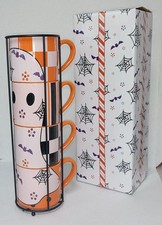 Temp-tations Halloween Ghost Bats 4 Piece Stacking Coffee Mugs w/ Wire Rack NIB picture