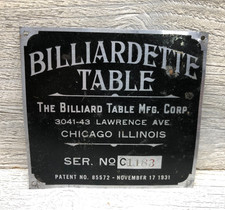 Vintage 1931 Billiardette Table Serial Number Data Plate 3.5