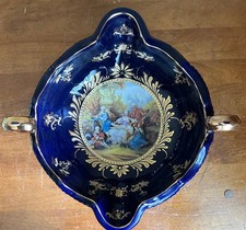 Limoges Porcelain Cobalt Blue & Gold Large Size Bowl w/ 24K Gilded Grand Footed picture
