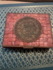Rare Vtg MCM Mexican Brass Salmon Tile Mosaic Box Aztec Calendar Stone Taxco Era picture