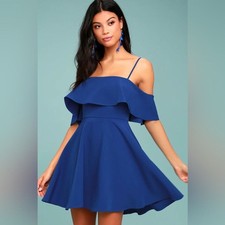 Lulu's Royal Blue One-Shoulder Ruffle skater Fit & Flare Dress NWT picture