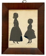 19th C. cut paper double silhouette schoolgirls signed picture